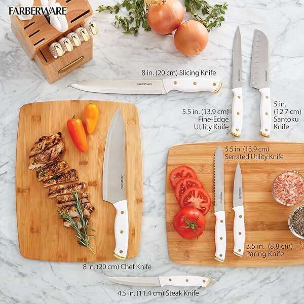 FARBERWARE 15-Piece Knife Block Set, Triple-Riveted High-Carbon Stainless Steel Kitchen Knives, Razor Sharp Blades, Wood Storage Block, White/gold - Image 6