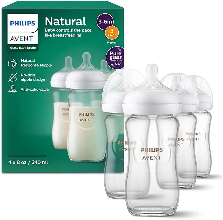 Philips Avent Natural Glass Baby Bottles with Natural Response Nipples (Medium Flow, Flow 3), 8oz, 4-Pack, SCY913/04 - Image 1