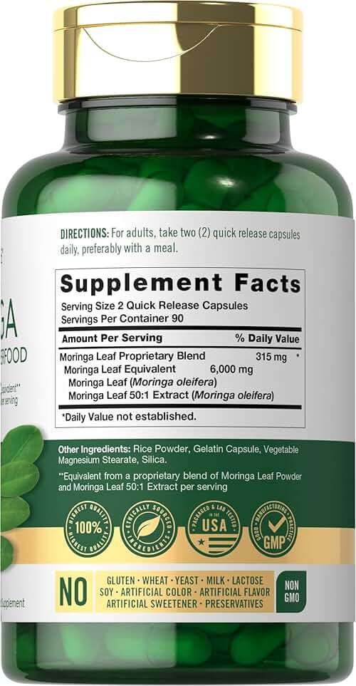 Carlyle Moringa Oleifera Supplement | 180 Capsules | Complete Green Superfood for Women and Men | from Moringa Leaf Powder | Non-GMO and Gluten Free - Image 2