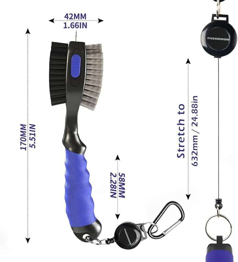 THIODOON 2 Pack Golf Club Brushes and Groove Cleaner 2 ft Retractable Zipline Carabiner Golf Brush Head with Retractable Spike Comfortable Grip Golf Club Cleaner - Image 2