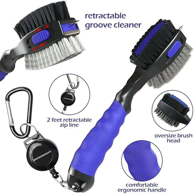 THIODOON 2 Pack Golf Club Brushes and Groove Cleaner 2 ft Retractable Zipline Carabiner Golf Brush Head with Retractable Spike Comfortable Grip Golf Club Cleaner - Image 3