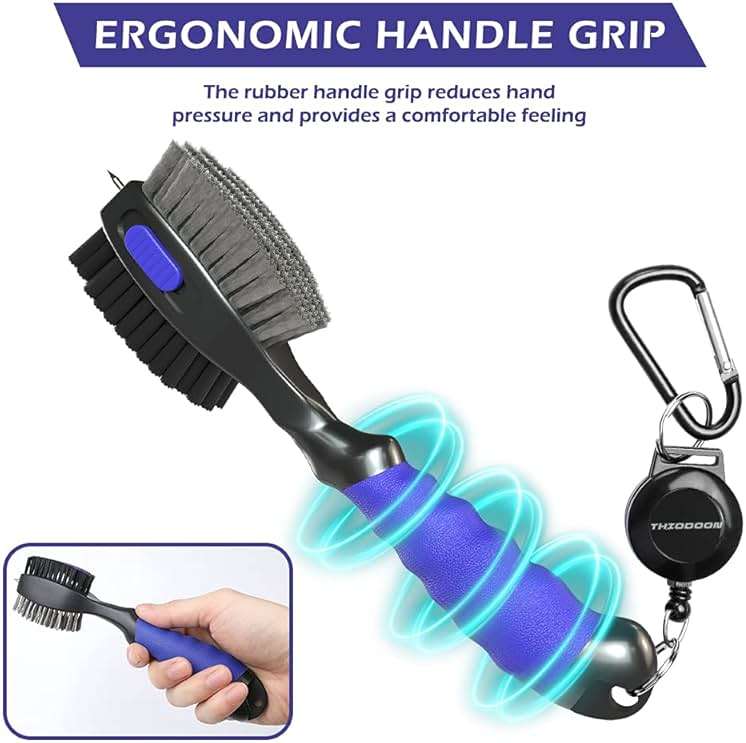 THIODOON 2 Pack Golf Club Brushes and Groove Cleaner 2 ft Retractable Zipline Carabiner Golf Brush Head with Retractable Spike Comfortable Grip Golf Club Cleaner - Image 5