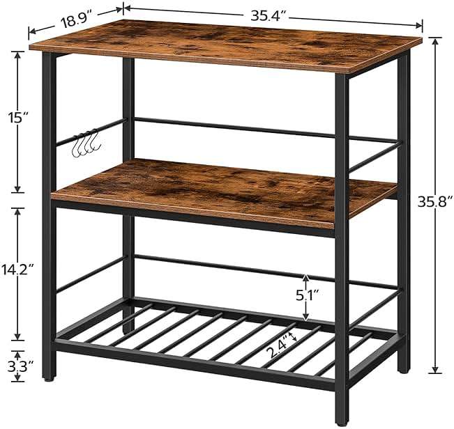 HOOBRO Kitchen Island with Wine Rack, Industrial Island Counter with Hooks and Protective Rails, 3 Tier Kitchen Shelf with Large Workstation, Easy Assembly, Rustic Brown BF02ZD01 - Image 2
