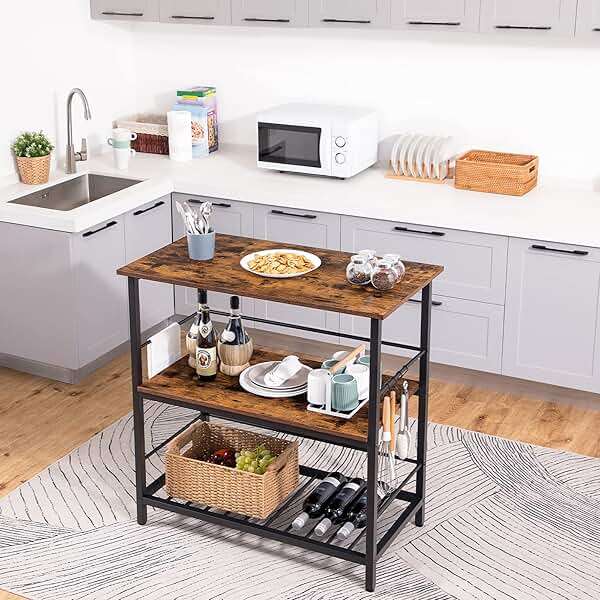 HOOBRO Kitchen Island with Wine Rack, Industrial Island Counter with Hooks and Protective Rails, 3 Tier Kitchen Shelf with Large Workstation, Easy Assembly, Rustic Brown BF02ZD01 - Image 4