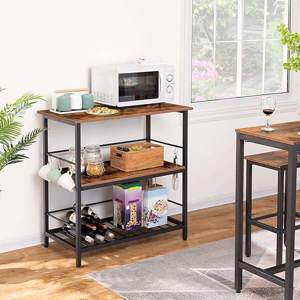 HOOBRO Kitchen Island with Wine Rack, Industrial Island Counter with Hooks and Protective Rails, 3 Tier Kitchen Shelf with Large Workstation, Easy Assembly, Rustic Brown BF02ZD01 - Image 6
