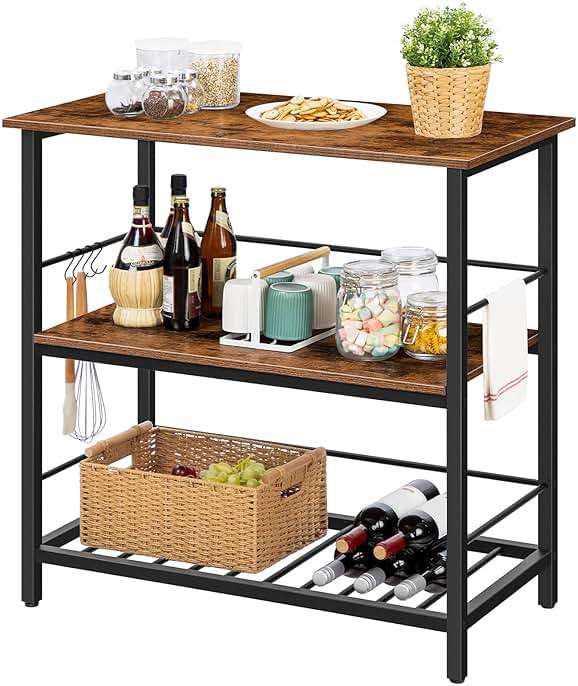 HOOBRO Kitchen Island with Wine Rack, Industrial Island Counter with Hooks and Protective Rails, 3 Tier Kitchen Shelf with Large Workstation, Easy Assembly, Rustic Brown BF02ZD01 - Image 7