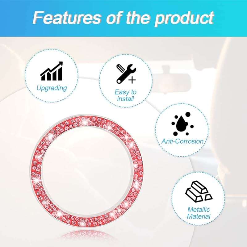 Car Bling Crystal Rhinestone Engine Start Ring Decals, 2 Pack Car Push Start Button Cover/Sticker, Key Ignition Knob Bling Ring, Sparkling Car Interior Accessories for Women (Double Red) - Image 3