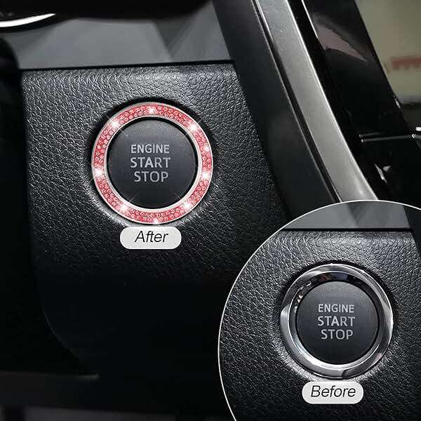Car Bling Crystal Rhinestone Engine Start Ring Decals, 2 Pack Car Push Start Button Cover/Sticker, Key Ignition Knob Bling Ring, Sparkling Car Interior Accessories for Women (Double Red) - Image 5