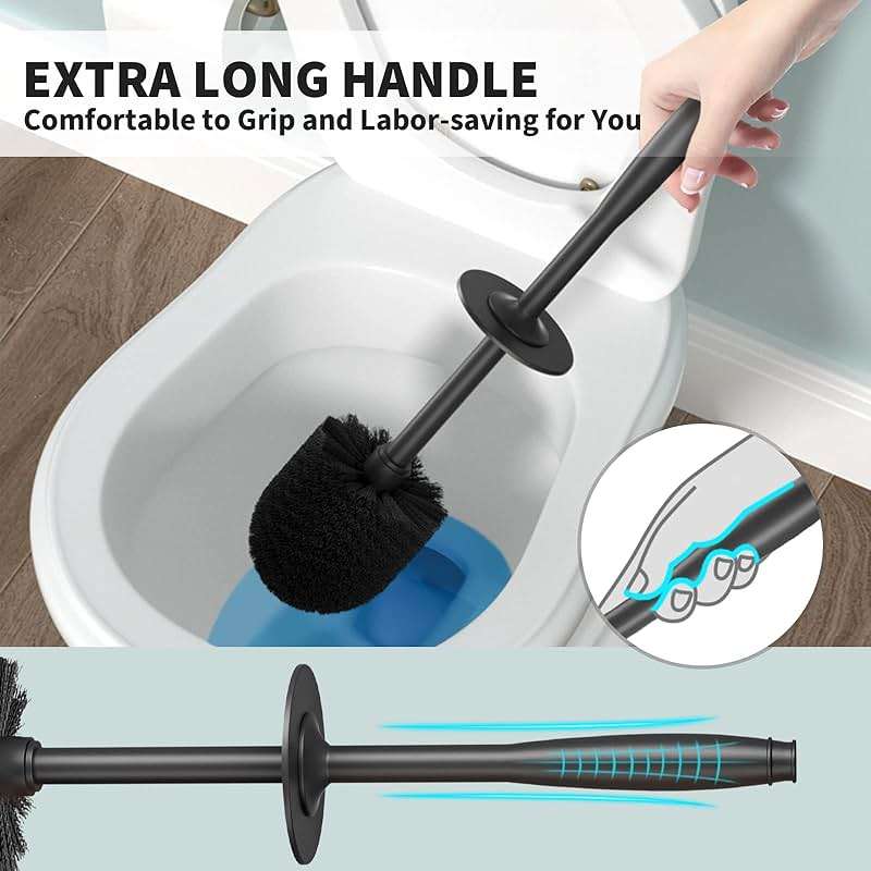Toilet Brush and Holder 2 Pack, Toilet Bowl Brush with Extra Long Handle, Toilet Scrubber and Covered Holder, Toilet Brushes for Bathroom-Space Saving, Covered Brush, Durable, Deep Cleaning(Black) - Image 5