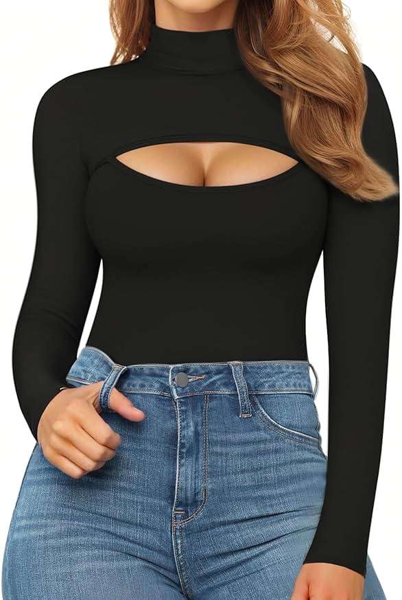 MANGOPOP Women's Mock Neck Cutout Front Bodysuit Long Sleeve Sleeveless Turtle Neck Body Suits Sexy Tops - Image 2