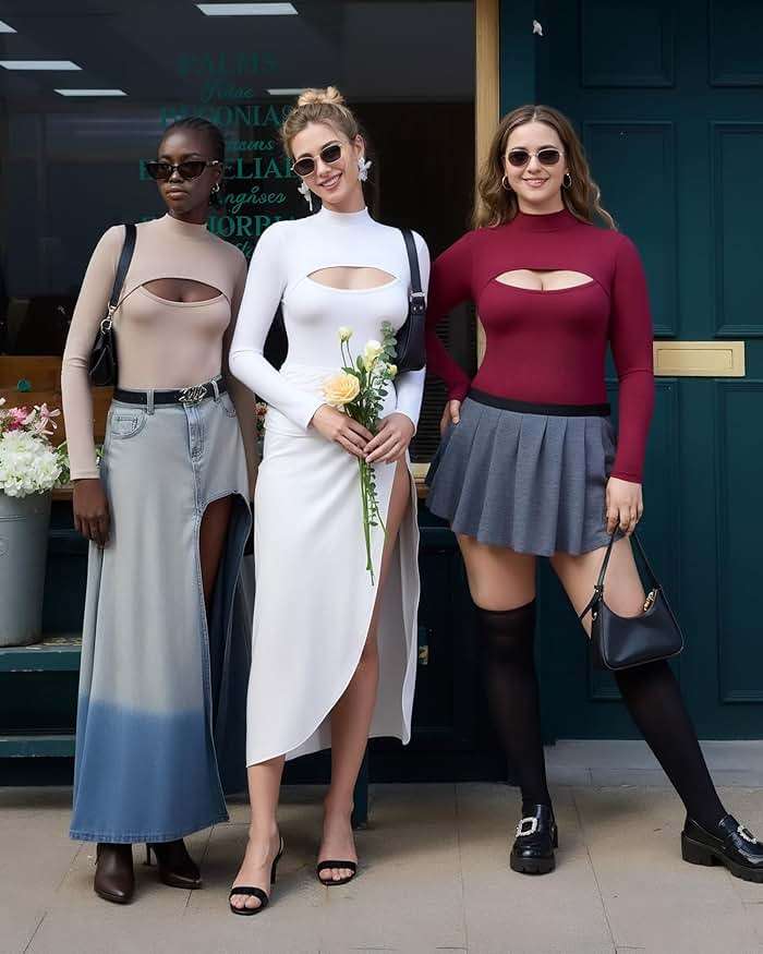 MANGOPOP Women's Mock Neck Cutout Front Bodysuit Long Sleeve Sleeveless Turtle Neck Body Suits Sexy Tops - Image 4