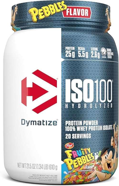 Dymatize x Fruity Pebbles ISO100 Whey Protein Powder Isolate, 25g of Protein, 5.5g BCAAs, 120 Cal., Gluten Free, 1g Fat, 1g Sugar, 2g Carb (20 Servings) - Image 1