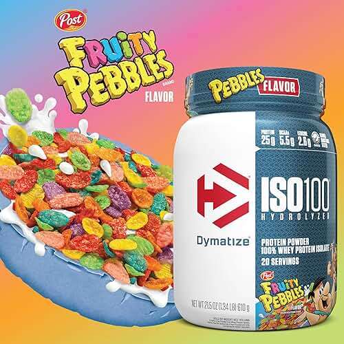 Dymatize x Fruity Pebbles ISO100 Whey Protein Powder Isolate, 25g of Protein, 5.5g BCAAs, 120 Cal., Gluten Free, 1g Fat, 1g Sugar, 2g Carb (20 Servings) - Image 3
