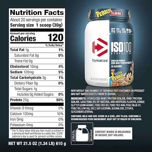 Dymatize x Fruity Pebbles ISO100 Whey Protein Powder Isolate, 25g of Protein, 5.5g BCAAs, 120 Cal., Gluten Free, 1g Fat, 1g Sugar, 2g Carb (20 Servings) - Image 6