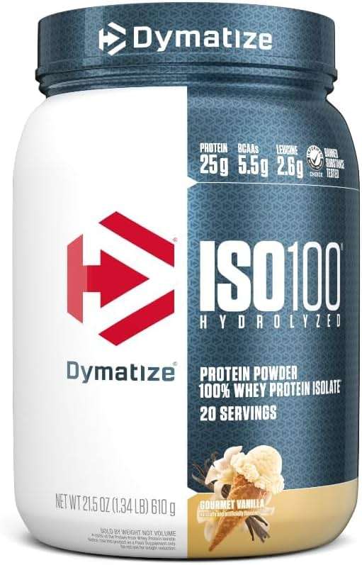 Dymatize ISO100 Whey Protein Powder Isolate, Gourmet Vanilla, 25g of Protein, 5.5g BCAAs, Less Than 120 Cal., Gluten Free, 1g Fat, 1g Sugar, 2g Carb (20 Servings) - Image 1