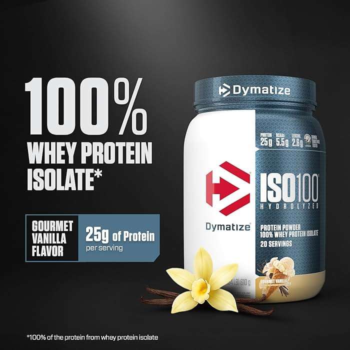 Dymatize ISO100 Whey Protein Powder Isolate, Gourmet Vanilla, 25g of Protein, 5.5g BCAAs, Less Than 120 Cal., Gluten Free, 1g Fat, 1g Sugar, 2g Carb (20 Servings) - Image 2