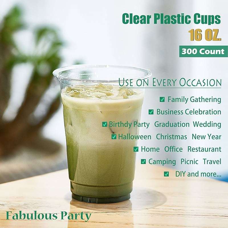 Fabulous Party 300 Pack Crystal Clear 16 Oz Plastic Cups Disposable Cups, PET Clear Cups for Party, Smoothie Disposable Drinkware for Wedding, Cold Drink Cup for Sparkling Ice Coffee Bubble Tea - Image 4