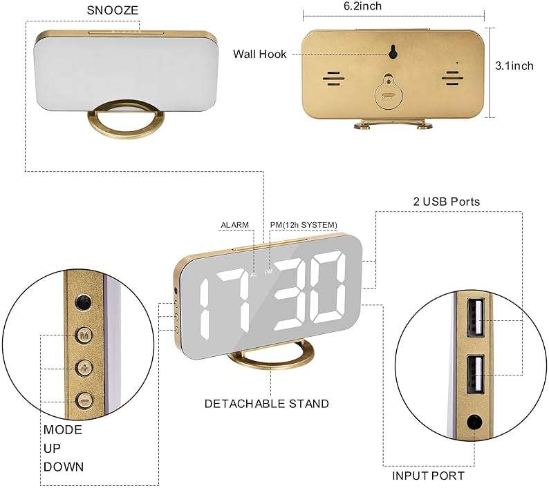 SZELAM Digital Alarm Clock,LED and Mirror Desk Clock Large Display,with Dual USB Charger Ports,3 Levels Brightness,12/24H,Modern Electronic Clock for Bedroom Home Living Room Office - Gold - Image 2
