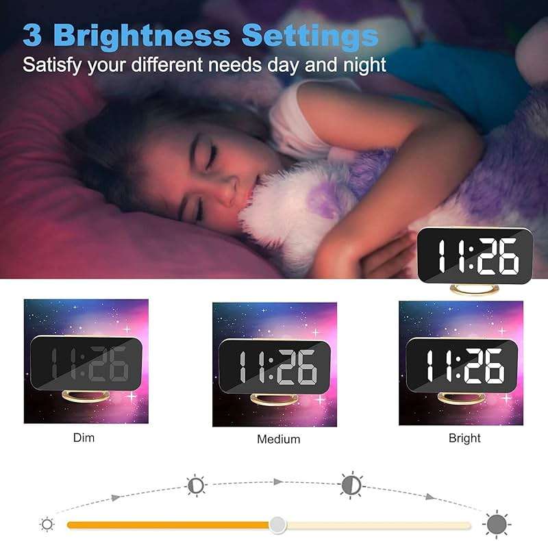 SZELAM Digital Alarm Clock,LED and Mirror Desk Clock Large Display,with Dual USB Charger Ports,3 Levels Brightness,12/24H,Modern Electronic Clock for Bedroom Home Living Room Office - Gold - Image 4