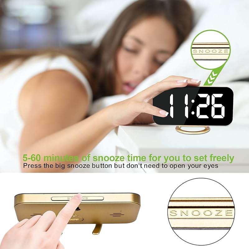 SZELAM Digital Alarm Clock,LED and Mirror Desk Clock Large Display,with Dual USB Charger Ports,3 Levels Brightness,12/24H,Modern Electronic Clock for Bedroom Home Living Room Office - Gold - Image 5