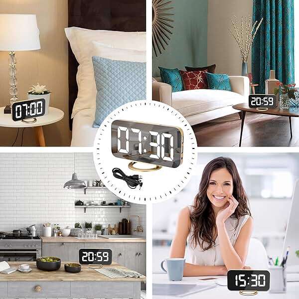 SZELAM Digital Alarm Clock,LED and Mirror Desk Clock Large Display,with Dual USB Charger Ports,3 Levels Brightness,12/24H,Modern Electronic Clock for Bedroom Home Living Room Office - Gold - Image 6