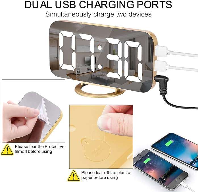 SZELAM Digital Alarm Clock,LED and Mirror Desk Clock Large Display,with Dual USB Charger Ports,3 Levels Brightness,12/24H,Modern Electronic Clock for Bedroom Home Living Room Office - Gold - Image 7