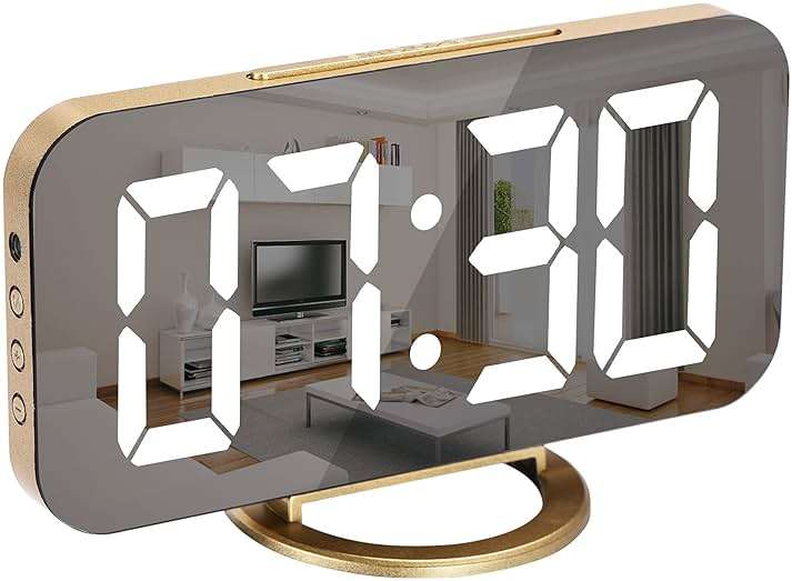SZELAM Digital Alarm Clock,LED and Mirror Desk Clock Large Display,with Dual USB Charger Ports,3 Levels Brightness,12/24H,Modern Electronic Clock for Bedroom Home Living Room Office - Gold - Image 8