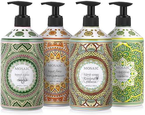Mosaic Liquid Hand Soap / Hand Wash Gift Set, Ideal for Bathroom and Kitchen Hand Soap Set , Olive Oil + Coconut & Hibiscus + Gardenia + Orange Blossom, 4 x 24.6 fl oz Each Liquid Soap Bottle - Image 2