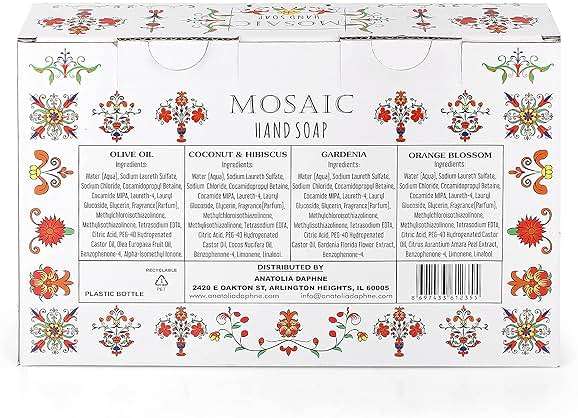 Mosaic Liquid Hand Soap / Hand Wash Gift Set, Ideal for Bathroom and Kitchen Hand Soap Set , Olive Oil + Coconut & Hibiscus + Gardenia + Orange Blossom, 4 x 24.6 fl oz Each Liquid Soap Bottle - Image 7
