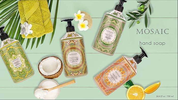 Mosaic Liquid Hand Soap / Hand Wash Gift Set, Ideal for Bathroom and Kitchen Hand Soap Set , Olive Oil + Coconut & Hibiscus + Gardenia + Orange Blossom, 4 x 24.6 fl oz Each Liquid Soap Bottle - Image 10