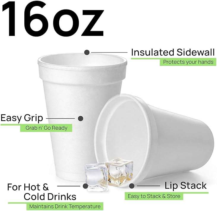 Shop Square 16 Oz Disposable Foam Cups (50 Pack), White Foam Insulates Hot & Cold Beverages, Made in the USA, To-Go Cups - for Coffee, Tea, Hot Cocoa, Soup, Broth, Smoothie, Soda, Juice - Image 4