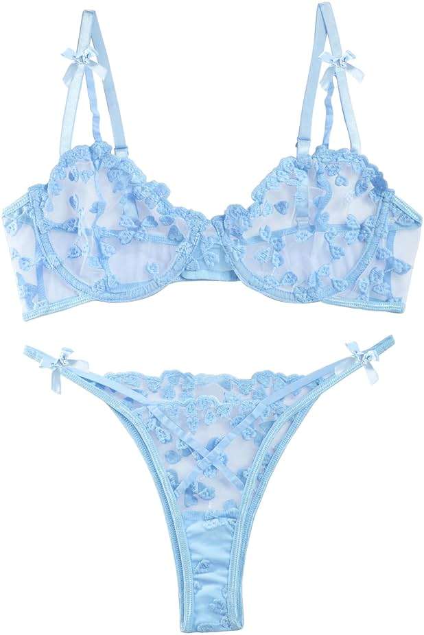 Lilosy Sexy Underwire Cute Push Up Strappy Embroidered Mesh Sheer Lingerie Set See Through Panty Bra - Image 1