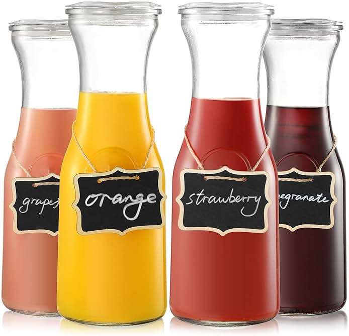 NETANY Set of 4 Glass Carafe with Lid, 1 Liter Beverage Serveware Carafe, Clear Glass Pitcher for Mimosa Bar, Brunch, Cold Water, Juice, Milk, Iced Tea, Lemonade - Image 1