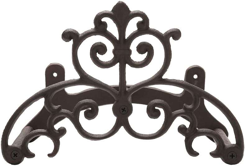 MyGift Brown Heavy Duty Cast Iron Outdoor Garden Hose Hanger Wall Mounted Water Hose Holder Reel with Vintage Scrollwork Design - Image 1