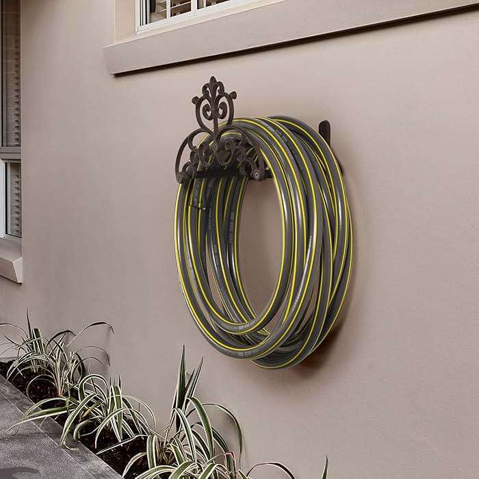 MyGift Brown Heavy Duty Cast Iron Outdoor Garden Hose Hanger Wall Mounted Water Hose Holder Reel with Vintage Scrollwork Design - Image 2