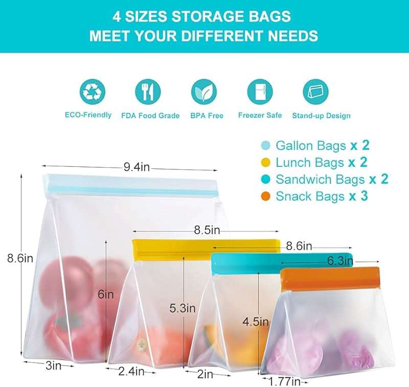 Reusable Food Storage Bags Stand Up, 9 Pack Leakproof Freezer Bags, BPA Free Gallon Bags, Reusable Plastic Snack Bags, Lunch Sandwich Bags for Home & Travel - Image 3