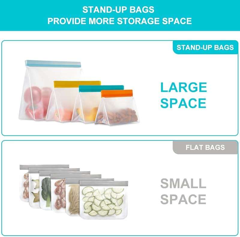 Reusable Food Storage Bags Stand Up, 9 Pack Leakproof Freezer Bags, BPA Free Gallon Bags, Reusable Plastic Snack Bags, Lunch Sandwich Bags for Home & Travel - Image 6