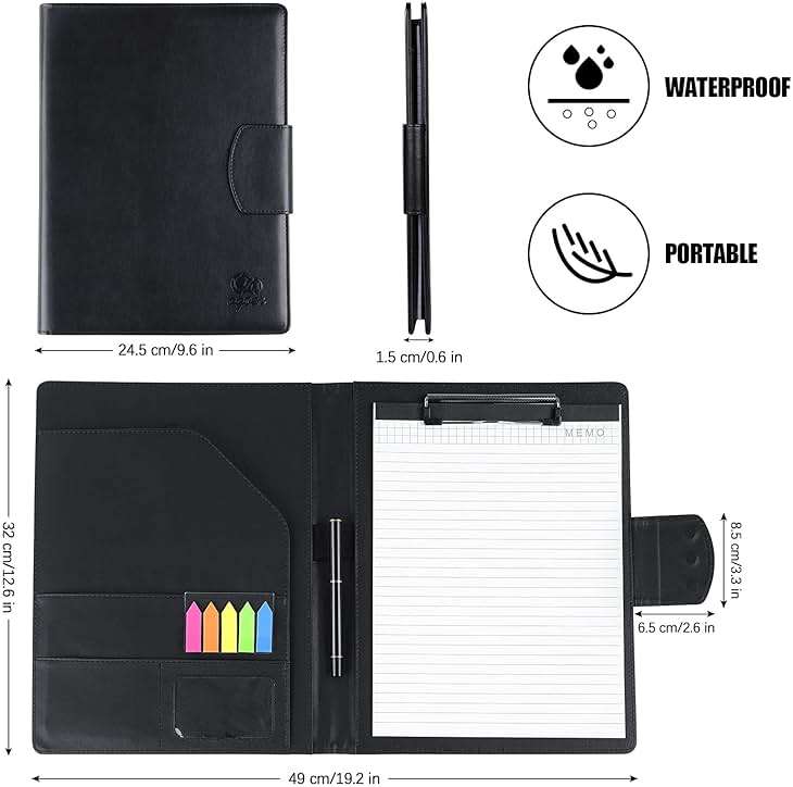 Agoer Padfolio Clipboard Folder, Leather Portfolio Organizer Binder with Magnetic Closure Cover for Interview Resume Office Conference,Business Portfolio Included Letter Sized Paper & Pen & Sticky Tab - Image 3