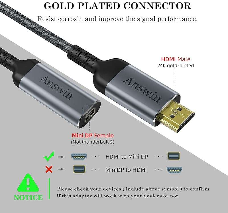 Answin HDMI to Mini DisplayPort 4K Active HDMI to Mini DisplayPort Adapter for Xbox One/360, Mac Mini, PC/Laptops to Monitor, 2K@60Hz, 1080P@120Hz - Image 4