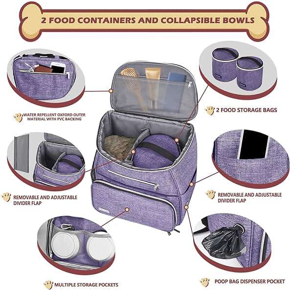 BAGLHER丨Dog Travel Bag Backpack, Airline Approved Pet Supplies Backpack, Dog Travel Bag with 2 Silicone Collapsible Bowls and 2 Food Baskets Purple - Image 2