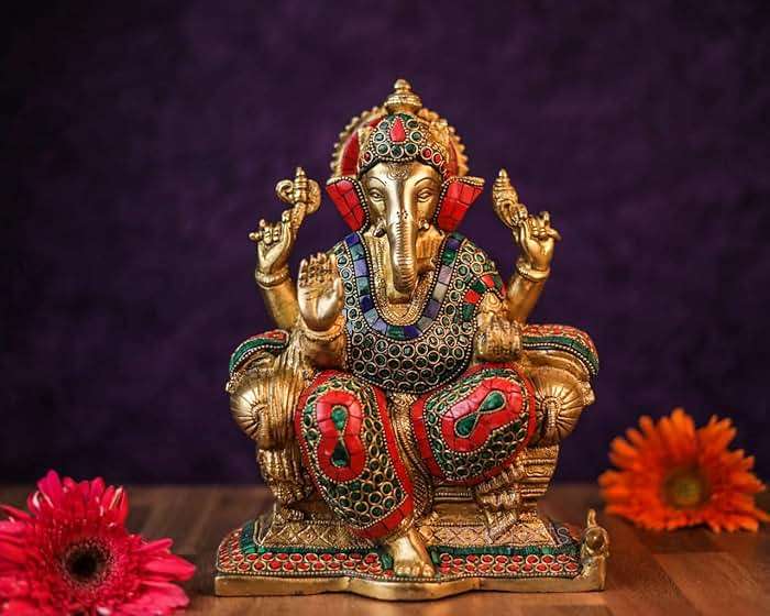 SHIVAJIARTS Brass Ganesh Statue, 25CM Big Size Inlay Work Ganesha Idol, Hindu Deity of God Luck, Vinayak Ganpati, Lord of Wisdom, Brass Sculpture Figurine, Gold, 4.5 X 8 X 10 inches - Image 1
