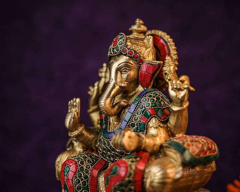 SHIVAJIARTS Brass Ganesh Statue, 25CM Big Size Inlay Work Ganesha Idol, Hindu Deity of God Luck, Vinayak Ganpati, Lord of Wisdom, Brass Sculpture Figurine, Gold, 4.5 X 8 X 10 inches - Image 2