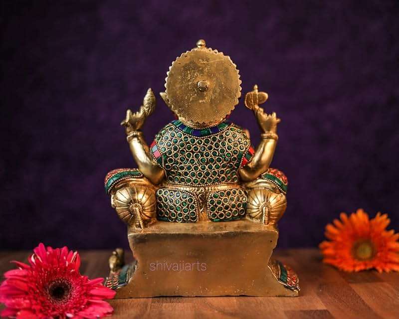 SHIVAJIARTS Brass Ganesh Statue, 25CM Big Size Inlay Work Ganesha Idol, Hindu Deity of God Luck, Vinayak Ganpati, Lord of Wisdom, Brass Sculpture Figurine, Gold, 4.5 X 8 X 10 inches - Image 3