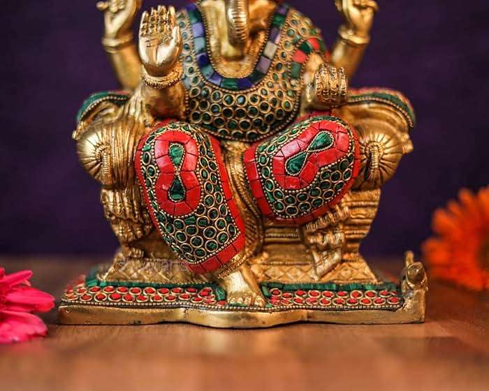 SHIVAJIARTS Brass Ganesh Statue, 25CM Big Size Inlay Work Ganesha Idol, Hindu Deity of God Luck, Vinayak Ganpati, Lord of Wisdom, Brass Sculpture Figurine, Gold, 4.5 X 8 X 10 inches - Image 4
