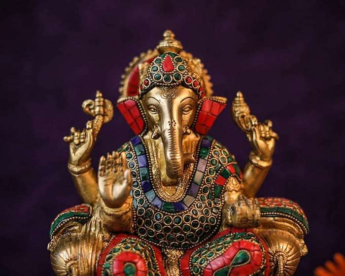 SHIVAJIARTS Brass Ganesh Statue, 25CM Big Size Inlay Work Ganesha Idol, Hindu Deity of God Luck, Vinayak Ganpati, Lord of Wisdom, Brass Sculpture Figurine, Gold, 4.5 X 8 X 10 inches - Image 5