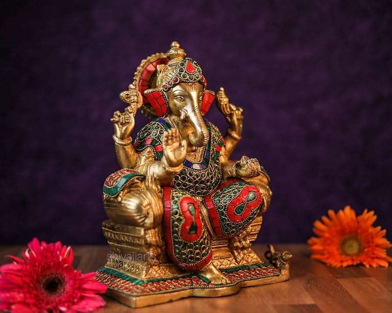 SHIVAJIARTS Brass Ganesh Statue, 25CM Big Size Inlay Work Ganesha Idol, Hindu Deity of God Luck, Vinayak Ganpati, Lord of Wisdom, Brass Sculpture Figurine, Gold, 4.5 X 8 X 10 inches - Image 6