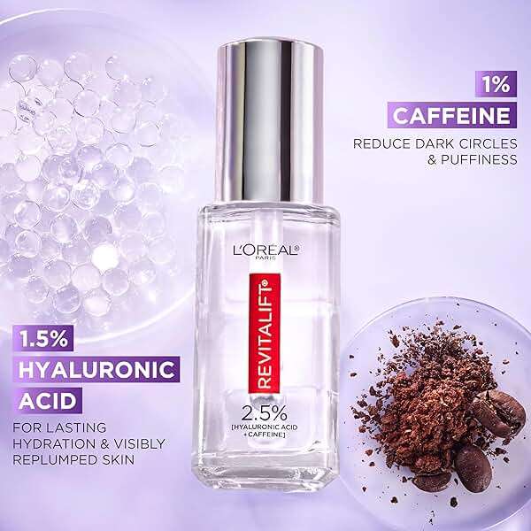 L'Oreal Paris Revitalift Hyaluronic Acid + Caffeine Hydrating Eye Serum for Dark Circles, Fragrance Free .67 fl. oz + Moisturizer Sample - Image 3