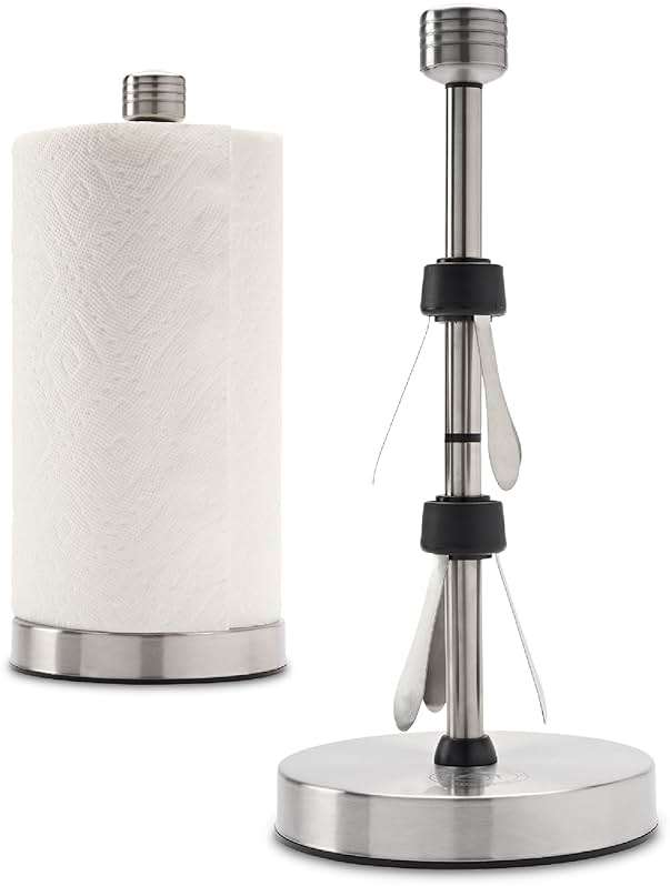 Heavy-Duty Stainless Steel Paper Towel Holder - Easy One-Handed Tear with Suction Cups - Modern Weighted Standing Countertop Dispenser for Kitchen - Holds All Paper Towel Rolls, Silver - Image 1