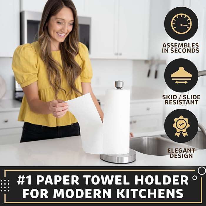 Heavy-Duty Stainless Steel Paper Towel Holder - Easy One-Handed Tear with Suction Cups - Modern Weighted Standing Countertop Dispenser for Kitchen - Holds All Paper Towel Rolls, Silver - Image 2