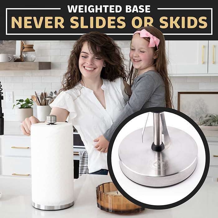 Heavy-Duty Stainless Steel Paper Towel Holder - Easy One-Handed Tear with Suction Cups - Modern Weighted Standing Countertop Dispenser for Kitchen - Holds All Paper Towel Rolls, Silver - Image 3